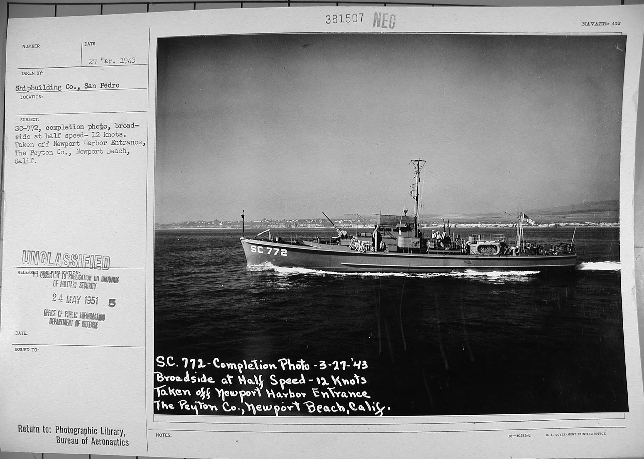 SC 772 - Completion photo 3-27-1943. Newport Beach CA